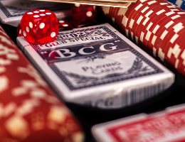 casino chips, cards and dice