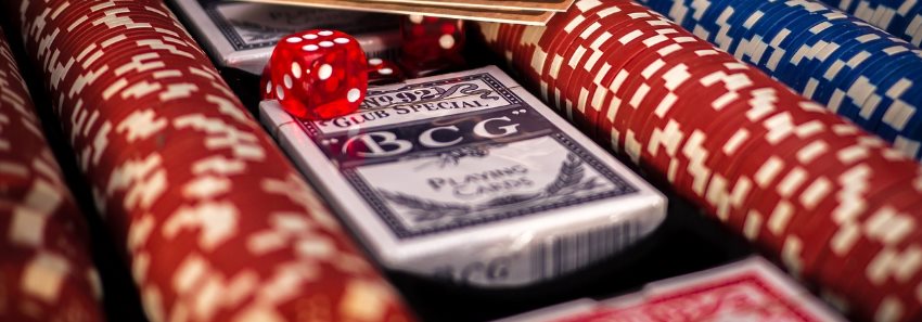 casino chips, cards and dice